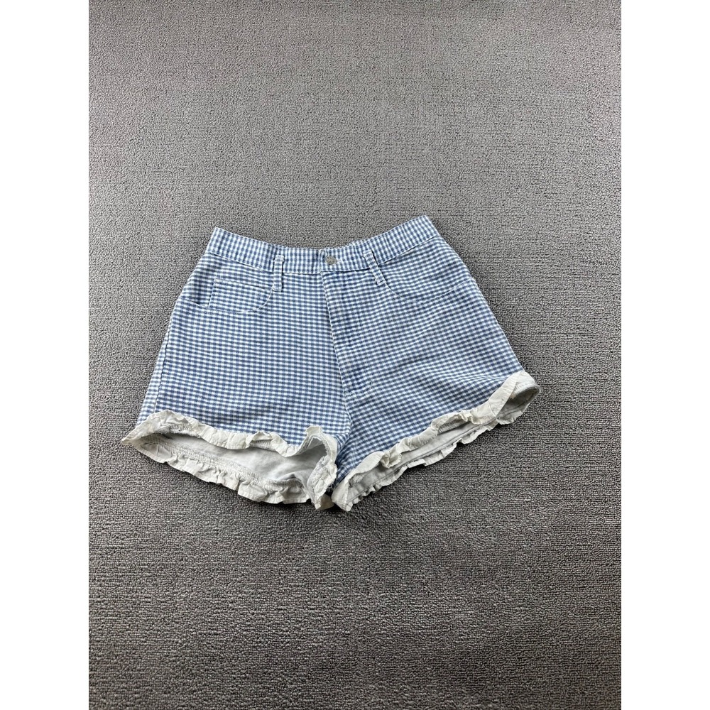 Vintage 1990s CHAYA Shorts Women 26 Blue Gingham Ruffle High Waist Cotton USA